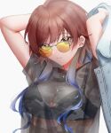  1girl aketa_mikoto arms_up black_bra blue_hair bra breasts brown_hair cleavage highres idolmaster idolmaster_shiny_colors jacket jewelry long_hair ma7bell medium_breasts mirae_(closers) multicolored_hair necklace open_clothes open_jacket see-through simple_background solo sunglasses tinted_eyewear underwear upper_body white_background yellow-tinted_eyewear 