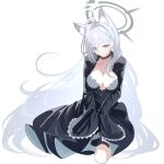  1girl ahoge animal_ears black_dress black_gloves blue_archive breasts choker dress gloves grey_hair hair_ornament hairclip halo highres long_hair shiroko_(blue_archive) shiroko_(terror)_(blue_archive) simple_background solo tatara_(alnath_may) thigh_strap very_long_hair white_background 