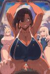  1boy 3girls armpits arms_up ass_visible_through_thighs bare_shoulders blonde_hair blue_eyes blue_one-piece_swimsuit blush breasts brown_hair cleavage collarbone dark-skinned_female dark_skin earrings girl_on_top green_eyes grin hair_over_one_eye highleg highleg_swimsuit highres hoop_earrings jewelry kneeling long_hair magister mole mole_under_eye multiple_girls navel o-ring one-piece_swimsuit original pandora_smith purple_eyes shiratama_liliana short_hair sideboob sidelocks slingshot_swimsuit small_breasts smile swept_bangs swimsuit thighs wet white_one-piece_swimsuit 