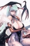  1girl arms_under_breasts blue_eyes blue_hair breasts clothing_cutout demon_girl finger_in_own_mouth fingerless_gloves from_side gloves grey_background hair_wings heart_cutout large_breasts long_hair low_wings maeshima_shigeki morrigan_aensland single_fingerless_glove solo upper_body vampire_(game) wings 