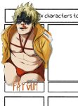  1boy :q abs bara bare_pectorals belly black_mask blonde_hair blood boku_no_hero_academia boxer_briefs bulge cropped_legs eye_mask fat_gum_(boku_no_hero_academia) hickey highres jacket large_pectorals looking_at_viewer male_focus male_underwear multiple_drawing_challenge muscular muscular_male navel nipples no_shirt nosebleed open_clothes open_jacket pectoral_lift pectorals plump red_male_underwear red_rope rope seductive_smile shibari short_hair six_fanarts_challenge smile smokerichi solo spiked_hair stomach thick_thighs thighs tongue tongue_out underbust underwear yellow_jacket zipper_pull_tab 
