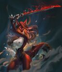  anthro athletic athletic_female breasts dark_hair dust ear_piercing energy_sword female fin fish genitals gherhea gills hands_above_head hi_res holding_object holding_weapon looking_at_viewer marine melee_weapon nipples non-mammal_breasts nude orange_eyes piercing pussy qrichy red_body rose_(kamikazekit) shark smoke solo sparks standing sword weapon wielding_weapon 