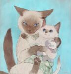  :3 animal_focus artist_name blue_background blue_eyes cat closed_mouth commentary_request fang fang_out furrowed_brow holding holding_stuffed_toy hug nade no_humans open_mouth original pawpads siamese_cat signature simple_background stuffed_toy 