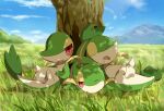  animal_focus blue_sky closed_eyes drooling half-closed_eyes mountain no_humans on_grass open_mouth outdoors pokemon pokemon_(creature) red_eyes sky sleeping snivy tree under_tree yohhi~i 