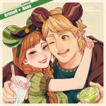  1boy 1girl ;d alien_(toy_story) anna_(frozen) black_bow blonde_hair bow braid brown_eyes brown_hair brown_jacket cup dessert disposable_cup drinking_straw food freckles frozen_(disney) gelatin green_eyes hair_bow hug jacket kristoff_(frozen) lipstick looking_at_viewer makeup mickey_mouse_ears mizala one_eye_closed short_sleeves smile spoon thick_eyebrows toy_story upper_body 