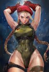  1girl :o ahoge armpits arms_up bare_shoulders beret blonde_hair blue_eyes bodypaint braid breasts cammy_white camouflage chest_harness covered_abs covered_navel covered_nipples fingerless_gloves gloves green_leotard hair_between_eyes harness hat highres leotard long_hair looking_at_viewer medium_breasts miche parted_lips red_gloves red_headwear scar scar_on_cheek scar_on_face sleeveless_turtleneck_leotard solo street_fighter street_fighter_6 thigh_gap thigh_pouch thigh_strap thighs toned twin_braids 