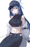  1girl bare_shoulders baseball_cap belt black_gloves black_pants black_shirt blue_archive blue_eyes blue_hair blue_headwear breasts coat commentary crop_top gloves hat highres large_breasts leggings long_hair long_sleeves looking_at_viewer midriff navel off_shoulder open_clothes open_coat pants pmang saori_(blue_archive) shirt simple_background sitting sleeveless sleeveless_shirt solo stomach thighs very_long_hair white_background white_coat 
