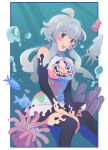  1girl blue_eyes blush bodypaint catherine_suh cleavage_cutout clothing_cutout commission commissioner_upload dress grey_hair highres looking_at_viewer original paint_splatter paint_splatter_on_face smile squid tentacle_hair underwater 
