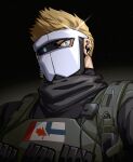  1boy absurdres artificial_eye blonde_hair broken_mask bulletproof_vest canadian_flag flag_request frown glint glitch highres indie_virtual_youtuber kimakkun looking_at_viewer male_focus mask masked_himbo_(silvyspark) mechanical_eye military_uniform second-party_source serious short_hair solid_oval_eyes solo textless_version uniform upper_body 