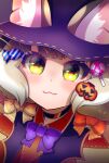  1girl animal_ears bow bowtie candy cat_ears cat_girl choker dress extra_ears food green_eyes grey_hair hair_ornament halloween halloween_costume hat highres hikarikmy jungle_cat_(kemono_friends) kemono_friends kemono_friends_v_project long_hair looking_at_viewer pumpkin purple_background ribbon simple_background solo upper_body virtual_youtuber witch_hat 