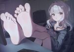  1girl barefoot black_hoodie blue_archive chair green_eyes grey_hair hair_ornament halo hare_(blue_archive) highres hood hoodie keyboard_(computer) long_hair long_sleeves looking_at_viewer parted_lips rryiup signature sitting soles solo toes x_hair_ornament 