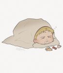  1boy apple blanket blonde_hair bread chibi cup exhausted facial_hair food fruit goatee highres kyan_(strawbxrry_kyan) male_focus mug reiner_braun shingeki_no_kyojin short_hair sleeping solo white_background zzz 