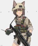  1girl absurdres animal_ears artist_name assault_rifle brown_hair c4 cat_ears cat_girl combat_helmet detonator ears_through_headwear gar32 gun h&amp;k_xm8 helmet highres military_uniform nervous original rifle shirt short_hair shorts solo sweat uniform weapon white_background yellow_eyes yellow_headwear yellow_shirt yellow_shorts 