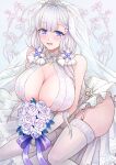  1girl azur_lane blue_eyes bouquet breasts bridal_veil center_opening dress flower garter_straps gloves halter_dress halterneck highres holding holding_bouquet huge_breasts illustrious_(azur_lane) illustrious_(morning_star_of_love_and_hope)_(azur_lane) lace-trimmed_dress lace_trim looking_at_viewer mole mole_under_eye official_alternate_costume open_mouth rose sai-go solo thighhighs tiara tri_tails veil wedding_dress white_dress white_flower white_garter_straps white_gloves white_hair white_rose white_thighhighs 