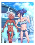  2girls akari_(raigou) bikini black_hair blurry blurry_background borrowed_character closed_eyes dark-skinned_female dark_skin facial_tattoo flat_chest full-body_tattoo hair_bun highres innertube irezumi-san_(ozka) layered_bikini multiple_girls original ozka pointy_ears ribs swimsuit tattoo water_slide wet white_hair yellow_eyes 