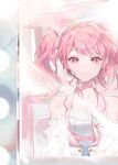  1girl bang_dream! bare_shoulders blurry blush bokeh choker collarbone depth_of_field detached_sleeves highres kiska_(mnvy2332) light_rays looking_at_viewer maruyama_aya mirror one_side_up pink_choker pink_eyes pink_hair reflection smile solo tears upper_body 
