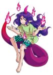  1girl alphes_(style) barefoot clothes_writing dairi full_body green_shirt green_shorts horns long_hair open_mouth parody pointy_ears purple_hair purple_horns purple_tail red_eyes shirt short_sleeves shorts single_horn smile solo style_parody syringe tachi-e tenkajin_chiyari test_tube touhou transparent_background 