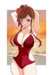  1girl beach breasts brown_hair casual_one-piece_swimsuit cleavage cowboy_shot dango_hair_ornament food-themed_hair_ornament hair_bun hair_ornament heart heart_hair large_breasts long_hair one-piece_swimsuit red_eyes red_one-piece_swimsuit sidelocks solo sunset swimsuit water yuki_no14 yuugiri_(zombie_land_saga) zanshomimai zombie_land_saga 