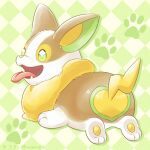  aimia492 ambiguous_gender brown_body brown_fur butt butt_focus canid canine feral fur generation_8_pokemon green_eyes low_res lying mammal nintendo on_front pattern_background paws pokemon pokemon_(species) simple_background solo tongue tongue_out white_body white_fur yamper yellow_body yellow_fur 
