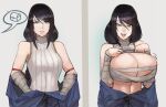  1girl areola_slip bandaged_arm bandages blue_eyes blue_robe breasts brown_hair chest_sarashi commentary covered_nipples elden_ring english_commentary grey_background hair_between_eyes hands_up huge_breasts large_areolae looking_at_viewer medium_breasts multiple_views off_shoulder open_mouth parted_lips ribbed_shirt robe sarashi scathegrapes shirt sleeveless sleeveless_shirt sorceress_sellen swept_bangs teeth 