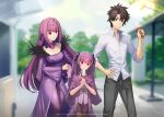  1boy 2girls black_hair black_pants blue_eyes breasts dress fate/grand_order fate_(series) food fujimaru_ritsuka_(male) highres holding_ice_cream ice_cream ice_cream_cone if_they_mated large_breasts multiple_girls outdoors pants purple_dress purple_hair red_eyes scathach_(fate) scathach_skadi_(fate) shiro_font shirt smile tiara two_side_up white_shirt 