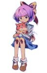  1girl animal_on_lap blue_skirt blunt_bangs bow brown_footwear closed_mouth commentary english_commentary full_body ghost_trick hair_bow highres kamila_(ghost_trick) long_sleeves looking_at_animal malan missile_(ghost_trick) on_lap pink_hair pomeranian_(dog) purple_eyes shirt shoes short_hair simple_background sitting skirt smile socks solo white_background white_socks yellow_bow 