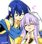  1boy 1girl bare_shoulders blue_hair brother_and_sister circlet closed_eyes dress fire_emblem fire_emblem:_genealogy_of_the_holy_war headband heart julia_(fire_emblem) laughing long_hair open_mouth ponytail purple_hair seliph_(fire_emblem) siblings simple_background white_headband yukia_(firstaid0) 