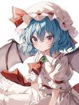  1girl ascot bat_wings blue_hair closed_mouth collared_shirt commentary hat hat_ribbon highres looking_at_viewer mob_cap red_ascot red_eyes red_ribbon remilia_scarlet ribbon shirt short_sleeves simple_background solo touhou white_background white_headwear white_shirt wings yukimochi_(ykillust) 