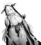  1girl azur_lane black_gloves blush breasts covered_navel fake_horns gloves greyscale habit hair_between_eyes highres hori_(hori_no_su) horns implacable_(azur_lane) large_breasts licking_lips lips long_bangs long_hair monochrome nun official_art pelvic_curtain revealing_clothes solo thighhighs thighs tongue tongue_out veil very_long_hair wide_hips 