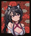 1girl :3 animal_ear_fluff animal_ears bare_shoulders black_hair blush breasts cleavage closed_mouth commentary criss-cross_halter double-parted_bangs eyelashes hair_between_eyes halterneck highres hoshikawa_kaguya japanese_clothes kimono large_breasts long_hair looking_at_viewer purple_eyes ray_(rays_26) red_background side_ponytail sidelighting simple_background sketch smile solo straight-on tenshi_souzou upper_body very_long_hair white_kimono 