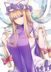  blonde_hair bow breasts commentary_request dress hair_bow hand_in_own_hair hat hat_ribbon highres large_breasts long_hair looking_at_viewer mirufui mob_cap purple_eyes red_bow red_ribbon ribbon tabard touhou upper_body white_dress white_headwear yakumo_yukari 