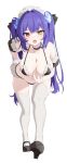  1girl absurdres artist_request bent_over bikini black_bikini black_footwear breasts cleavage commission heterochromia highres horns large_breasts long_hair looking_at_viewer maid maid_bikini maid_headdress open_mouth original purple_hair red_eyes ruthenium77&#039;s_character second-party_source shoes simple_background solo swimsuit thighhighs unconventional_maid white_background white_thighhighs yellow_eyes 
