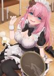  1girl absurdres apron black_bow black_bowtie black_pantyhose blue_eyes blush bocchi_the_rock! bow bowtie breasts chair cleavage clumsy cube_hair_ornament cup fallen_down food food_on_head frills gotou_hitori hair_ornament hand_up highres ice_cream komugikokonko large_breasts long_hair looking_at_viewer maid maid_apron maid_headdress object_on_head on_floor pantyhose parfait pink_hair puffy_short_sleeves puffy_sleeves raised_eyebrows shoes short_sleeves side_ahoge single_shoe sitting solo spill tears tray wrist_cuffs 