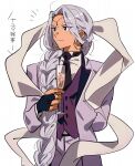  1boy ace_attorney aqua_eyes arm_behind_back black_necktie braid bridal_gauntlets buttons champagne_flute closed_mouth coat cowboy_shot cup drinking_glass earrings facial_mark forehead_jewel forehead_mark grey_coat grey_hair grey_pants grgrton holding holding_cup jewelry lapels layered_sleeves long_hair looking_to_the_side male_focus nahyuta_sahdmadhi necktie open_clothes open_coat pants purple_vest shirt sidelocks simple_background single_braid solo standing suit thick_eyebrows very_long_hair vest white_background white_shirt 
