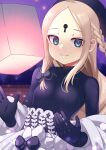  1girl abigail_williams_(event_portrait)_(fate) abigail_williams_(fate) black_headwear black_shirt blonde_hair blue_eyes bodystocking braid braided_ponytail breasts closed_mouth dress fate/grand_order fate_(series) forehead grey_dress hat keyhole lantern long_hair long_sleeves looking_at_viewer off_shoulder paper_lantern parted_bangs ryofuhiko shirt sidelocks small_breasts smile solo very_long_hair 