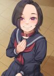  1girl black_hair black_serafuku blush collar hair_over_one_eye hand_up long_sleeves looking_at_viewer neckerchief original otsu_natsu red_neckerchief school_uniform serafuku smile solo tile_floor tiles uniform 