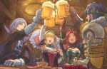  2boys 2girls alcohol balthus_von_albrecht bandana beer beer_mug blonde_hair bread breasts closed_eyes constance_von_nuvelle corset cup fire_emblem fire_emblem:_three_houses fire_emblem_warriors:_three_hopes food fruit grapes green_bandana green_little hapi_(fire_emblem) indoors large_breasts long_hair medium_hair mug multicolored_hair multiple_boys multiple_girls official_alternate_costume open_mouth purple_eyes purple_hair red_eyes red_hair tavern two-tone_hair yuri_leclerc 