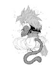  1boy absurdres artist_name dougi dragon_ball dragon_ball_gt fenyon full_body gogeta greyscale highres male_focus metamoran_vest monkey_boy monkey_tail monochrome open_mouth pants simple_background solo spiked_hair super_saiyan super_saiyan_4 tail twitter_username white_background 