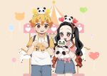  1boy 1girl absurdres agatsuma_zenitsu black_hair blonde_hair bow brown_eyes forehead grey_pants grey_shorts hair_bow headband highres kamado_nezuko kimetsu_no_yaiba long_hair long_sleeves multicolored_hair multicolored_shirt open_mouth panda pants pink_bow pink_eyes pori_(kmt_pori) shirt short_hair short_sleeves shorts smile stuffed_animal stuffed_toy teeth upper_teeth_only yellow_shirt 