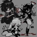  &gt;_&lt; 2girls arms_up black_hair black_socks black_sweater blood blood_on_clothes blood_on_face blood_on_ground blood_on_hands breasts cleavage closed_mouth dark_konoha dual_persona genderswap genderswap_(mtf) grey_background grey_skirt highres kagerou_project konoha_(kagerou_project) large_breasts long_hair long_sleeves multiple_girls neck_warmer object_hug simple_background skirt smile socks standing standing_on_one_leg stuffed_animal stuffed_panda stuffed_toy sweater tongue tongue_out tonkatsu184 twintails white_sweater 
