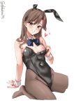 1girl alternate_costume animal_ears arashio_(kancolle) black_leotard blush bow bowtie breasts brown_eyes brown_hair brown_pantyhose covered_navel detached_collar ebifurya fake_animal_ears grin hair_between_eyes heart heart_pasties highleg highleg_leotard highres kantai_collection leotard long_hair looking_at_viewer no_shoes one-hour_drawing_challenge pantyhose parted_bangs pasties playboy_bunny rabbit_ears simple_background sitting small_breasts smile solo strapless strapless_leotard traditional_bowtie twitter_username wariza white_background wrist_cuffs 