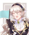  1girl armor black_armor blue_flag breasts cleavage closed_eyes corrin_(female)_(fire_emblem) corrin_(fire_emblem) fire_emblem fire_emblem_fates fire_emblem_heroes flag gauntlets gem highres holding holding_flag long_hair medium_breasts n_54 neckerchief official_alternate_costume open_mouth smile solo upper_body white_hair white_neckerchief 