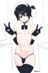  1boy :&gt; ^^^ artist_name black_bow black_bowtie black_hair black_panties black_thighhighs bow bowtie bulge commentary cowboy_shot crossdressing detached_collar double_v english_commentary green_eyes hair_ribbon hands_up highres jewelry looking_to_the_side maid_headdress male_focus navel nipples one_side_up original otoko_no_ko panties pea_(vaultboy503) pendant pink_ribbon ribbon short_hair simple_background sleeve_cuffs smile solo standing thighhighs twitter_username underwear v white_background wing_collar 