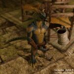  3d_(artwork) alcohol anthro armor baldur&#039;s_gate beverage black_nose blue_body blue_scales bottomwear bracers chair chin_spikes clothed clothing clothing_lift countershading digital_media_(artwork) erection facial_spikes foot_wraps furniture genitals head_spikes hi_res holding_mug holding_object holding_penis horn inside kobold licking licking_lips loincloth loincloth_lift looking_at_viewer male mug open_mouth orange_eyes penis pupils reptile scales scalie scoota seductive slit_pupils solo spikes spikes_(anatomy) standing table teeth tongue tongue_out wine wraps yellow_body yellow_scales 