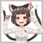  1girl ^^^ absurdres alternate_costume animal_ear_fluff animal_ears arms_up asakura_haru blunt_bangs border brown_hair cat_ears cat_tail chen commentary_request cutting_hair cutting_own_hair earrings fang furrowed_brow grey_border hands_up highres holding holding_scissors jewelry light_blush long_sleeves looking_up multiple_tails nekomata no_headwear open_mouth petite red_eyes scissors shirt short_hair simple_background single_earring skin_fang solo sweat tail tongue touhou two_tails upper_body v-shaped_eyebrows white_background white_shirt 
