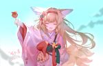  1girl :d animal_ears apron arknights arm_up candy_apple closed_eyes coin_purse commentary_request dated flower food fox_ears fox_girl fox_tail frilled_apron frills hair_flower hair_ornament hairband highres holding holding_food japanese_clothes kimono kitsune kyuubi long_hair long_sleeves multiple_tails obi official_alternate_costume oh233oh233 outdoors pink_kimono pinwheel red_hairband sash smile solo suzuran_(arknights) suzuran_(yukibare)_(arknights) tail tassel tassel_hair_ornament upper_body waist_apron white_apron wide_sleeves yagasuri 