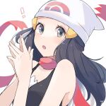  ! 1girl :o beanie black_hair black_shirt blush dawn_(pokemon) eyelashes floating_scarf grey_eyes hair_ornament hairclip hands_up hat highres long_hair looking_at_viewer open_mouth own_hands_together pokemon pokemon_(game) pokemon_dppt ririmon scarf shirt simple_background sleeveless sleeveless_shirt solo white_background white_headwear 
