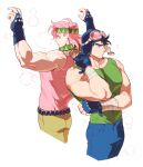  2boys aviator_cap bandaged_wrist bandages battle_tendency blonde_hair blue_hair bridal_gauntlets caesar_anthonio_zeppeli facial_mark fate_(series) feather_hair_ornament feathers fingerless_gloves flight_goggles gloves goggles goggles_on_headwear green_eyes hair_ornament hakmonss headband jojo_no_kimyou_na_bouken joseph_joestar joseph_joestar_(young) male_focus multiple_boys red_hair scarf tan tank_top triangle_print 