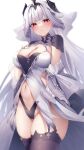  1girl absurdres azur_lane black_gloves black_panties black_thighhighs black_tiara blush breasts cleavage cleavage_cutout closed_mouth clothing_cutout cross detached_sleeves dress fingerless_gloves gloves hair_ornament highleg highleg_panties highres large_breasts long_hair looking_at_viewer marseillaise_(azur_lane) midriff navel panties pillow pink_eyes red_eyes revealing_clothes seele0907 smile solo thighhighs underwear very_long_hair white_dress white_hair white_sleeves 