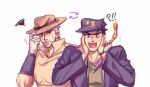  !? 2608337875 ^^^ absurdres adjusting_clothes adjusting_headwear black_hair chain gloves green_eyes grey_hair hands_on_own_cheeks hands_on_own_face hat highres jojo_no_kimyou_na_bouken joseph_joestar joseph_joestar_(old) kujo_jotaro personality_switch shaded_face squiggle stardust_crusaders sweatdrop white_gloves 